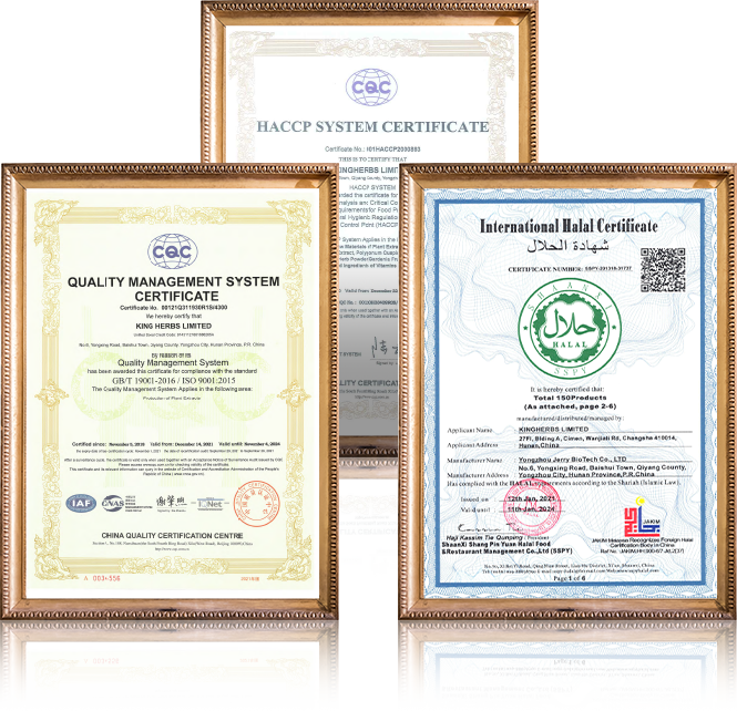 Международные сертификаты Kingherbs Limited, подтверждающие приверженность качеству растительных и травяных экстрактов.